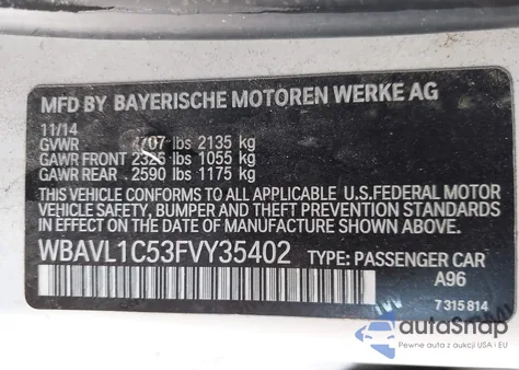 2015 BMW X1 xDrive28I z USA, uszkodzony, nr VIN WBAVL1C53FVY35402